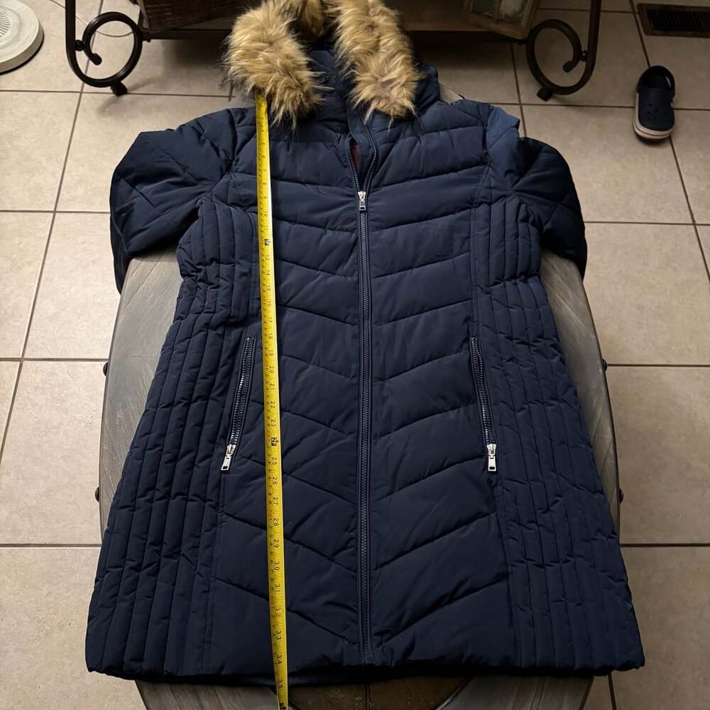Tommy Hilfiger Quilted Puffer Coat Size XL Navy Blue Faux Fur